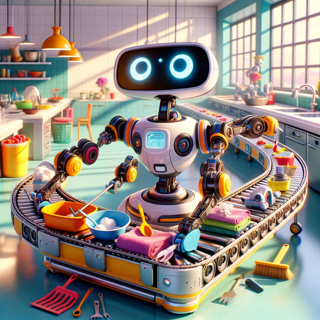 "DALL-E: A highly focused conveyor belt robot automating daily chores in the style of Pixar animations studios."